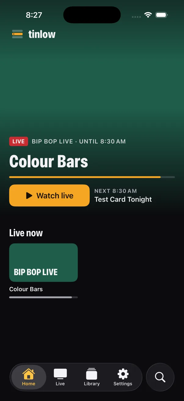 Tinlow on iPhone: the Home screen shows what's on now with a Watch live button, and a row of live channels.