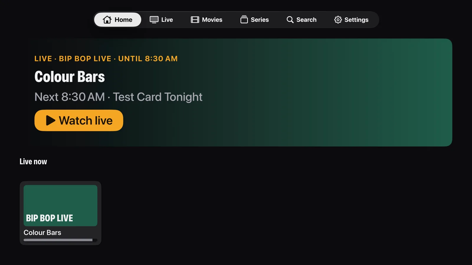 Tinlow on Apple TV: the Home screen with what's on now, a Watch live button and live channels below.